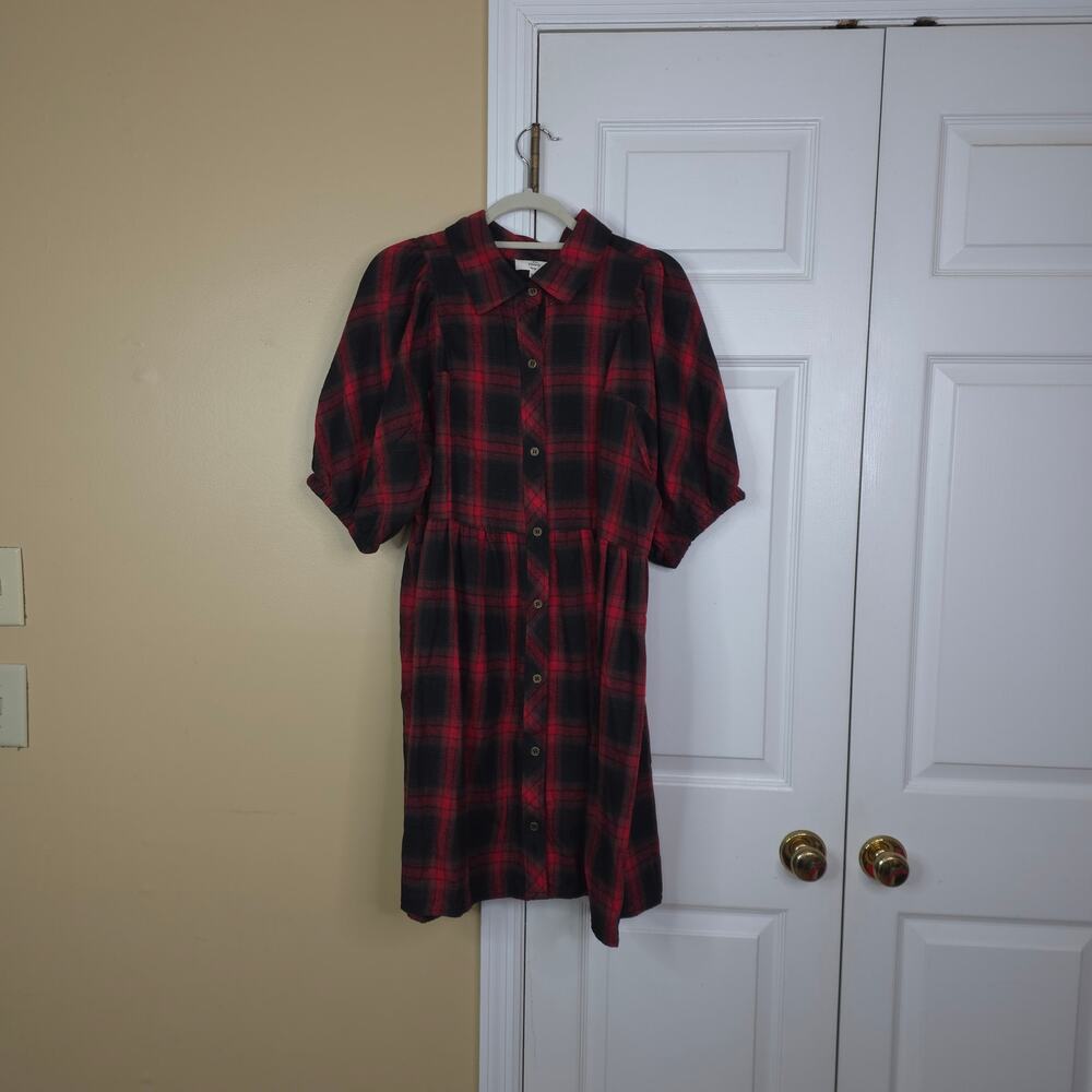 Entro Fire Cotton Short Sleeve Red Buffalo Plaid Button Down Mini Dress Size XL